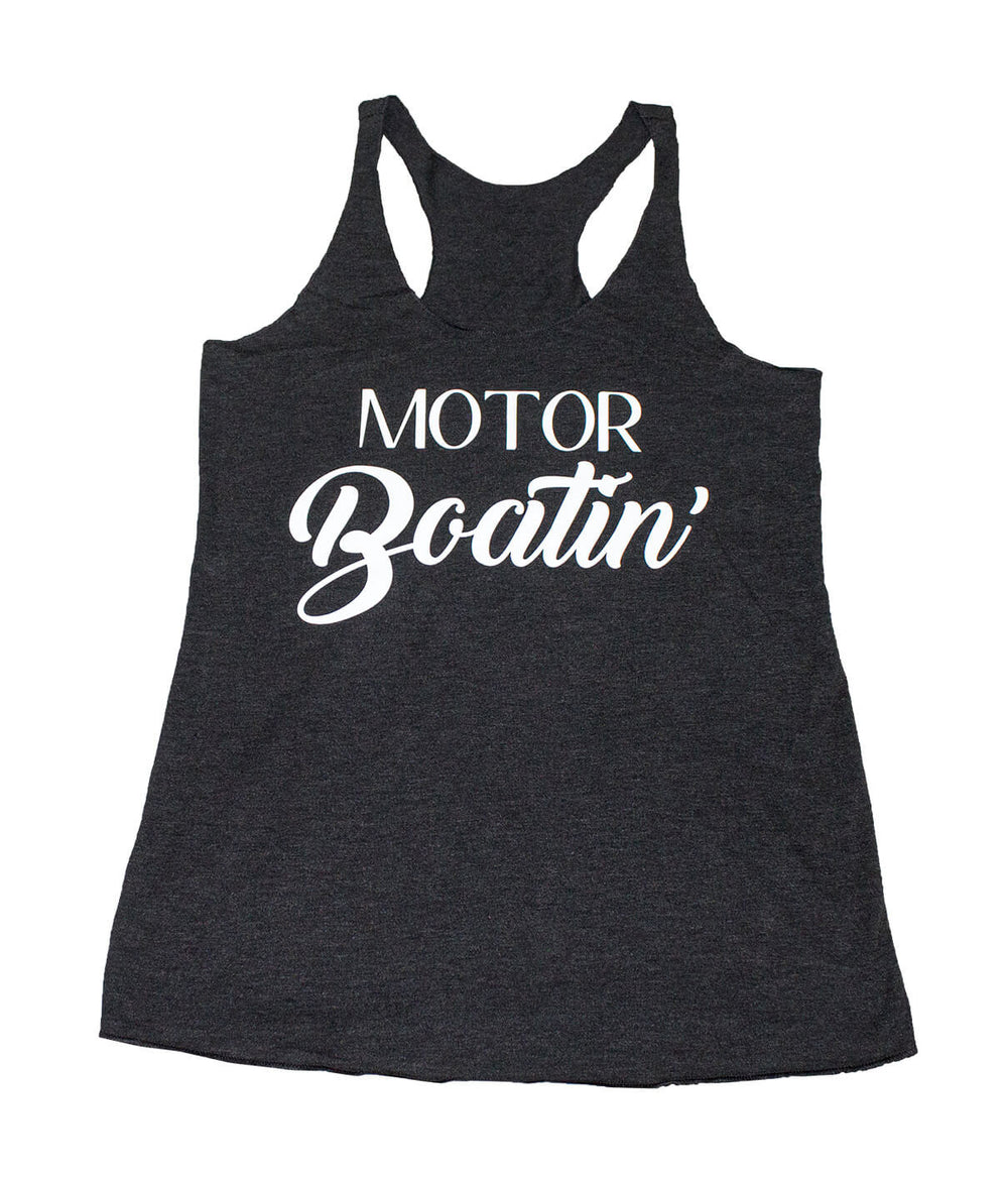 Motor Boatin' tank top featuring a vintage racerback design in dark heather color.