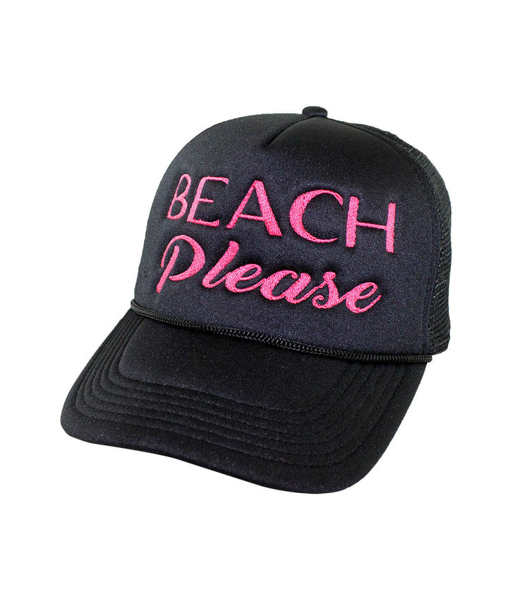 Beach Please foam trucker hat featuring bold pink embroidery, perfect summer accessory, ideal for beach lovers, showcasing hat style.