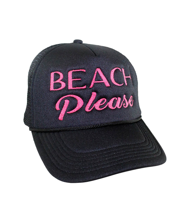 Beach Please Foam Trucker Hat featuring embroidered text, perfect summer accessory for hat lovers.