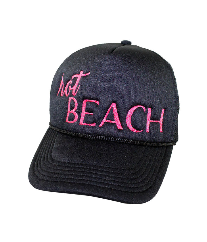 Hot Beach Foam Trucker Cap featuring embroidered text, perfect summer hat for sunny days.