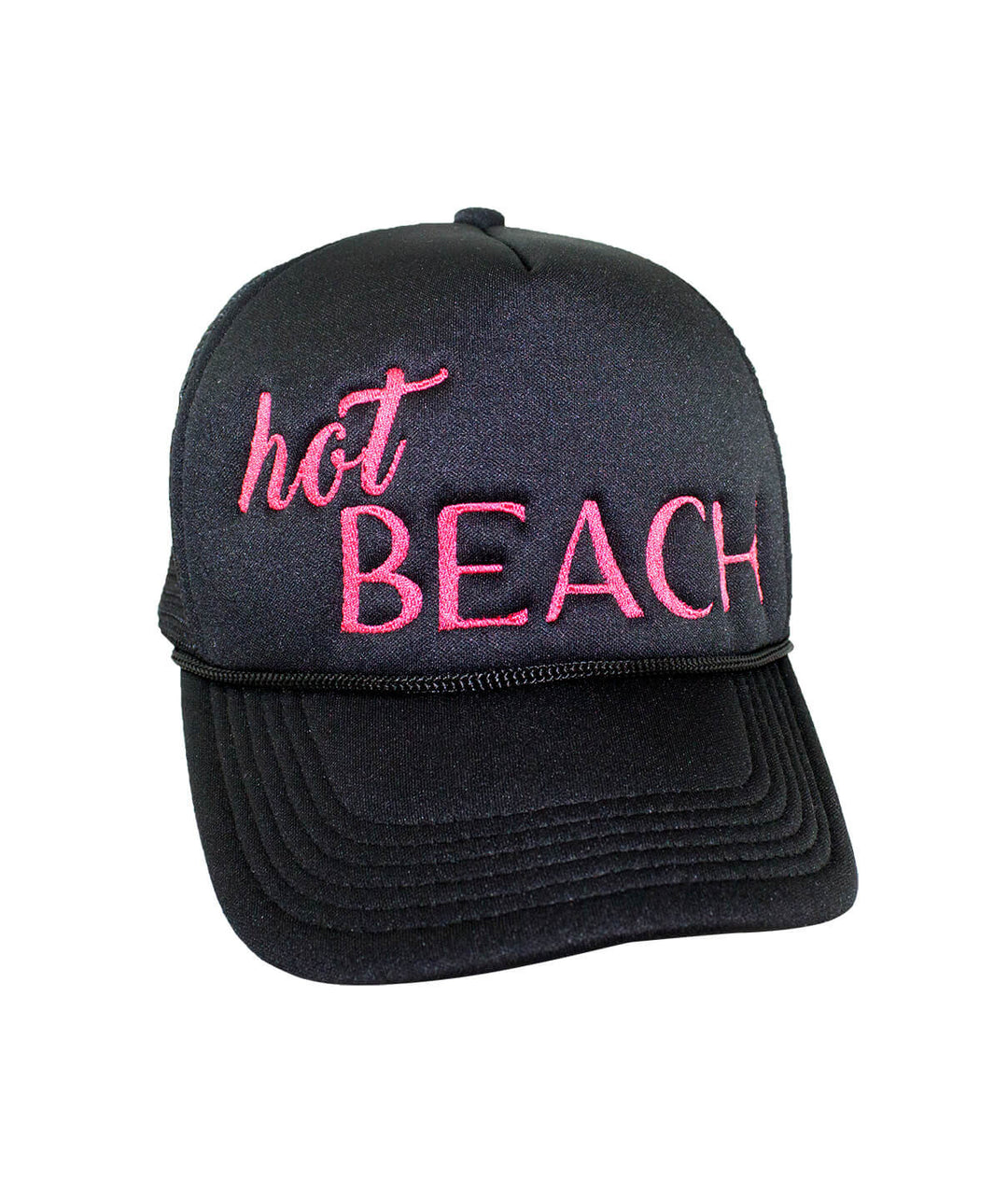 Hot Beach Foam Trucker Cap featuring embroidered text, perfect summer hat for sunny days.