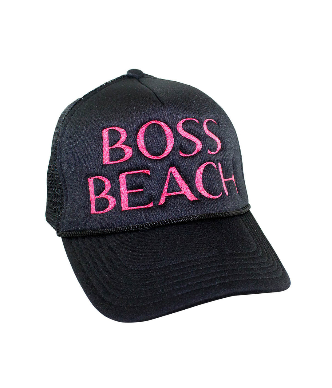 Boss Beach Foam Trucker Hat with embroidered text, perfect hat for beach lovers and outdoor enthusiasts.