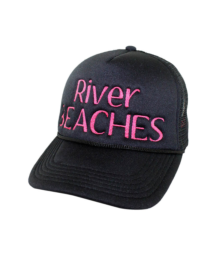River Beaches Foam Trucker Hat with embroidered text, ideal hat for outdoor activities.