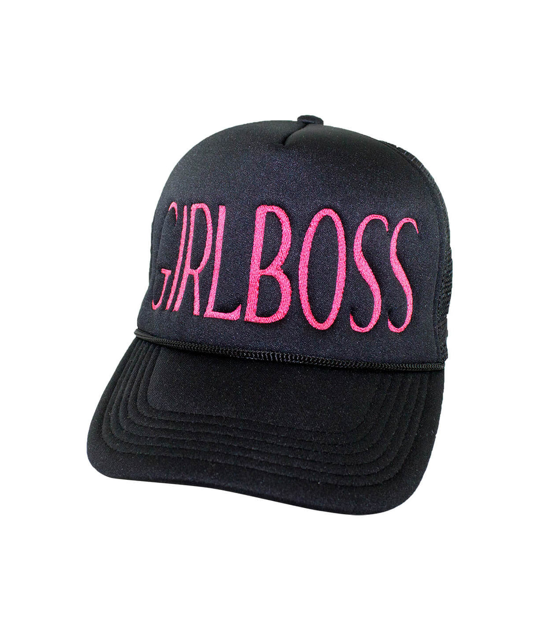 Girl Boss Foam Trucker Hat with embroidered text, perfect stylish hat for trendy outfits.