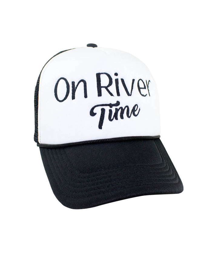 On River Time Foam Trucker hat with embroidery, black and white cap for outdoor enthusiasts.