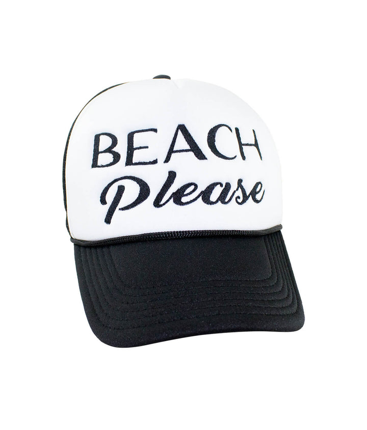 Beach Please Foam Trucker Hat featuring embroidered text, perfect accessory for summer outings, includes focus keyword hat.