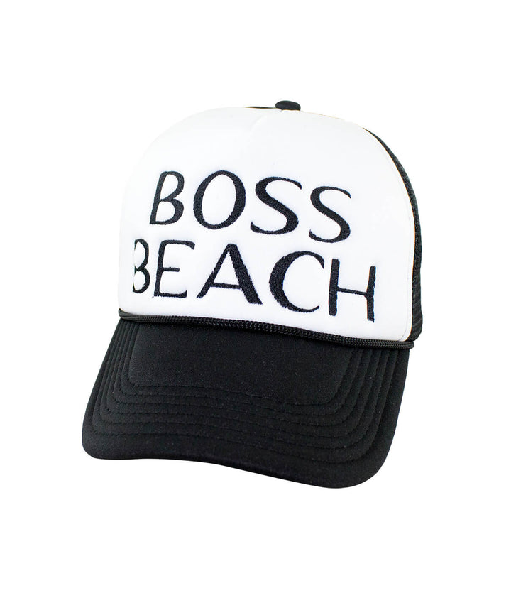 Boss Beach Foam Trucker Hat featuring bold embroidery, perfect hat for beach lovers.