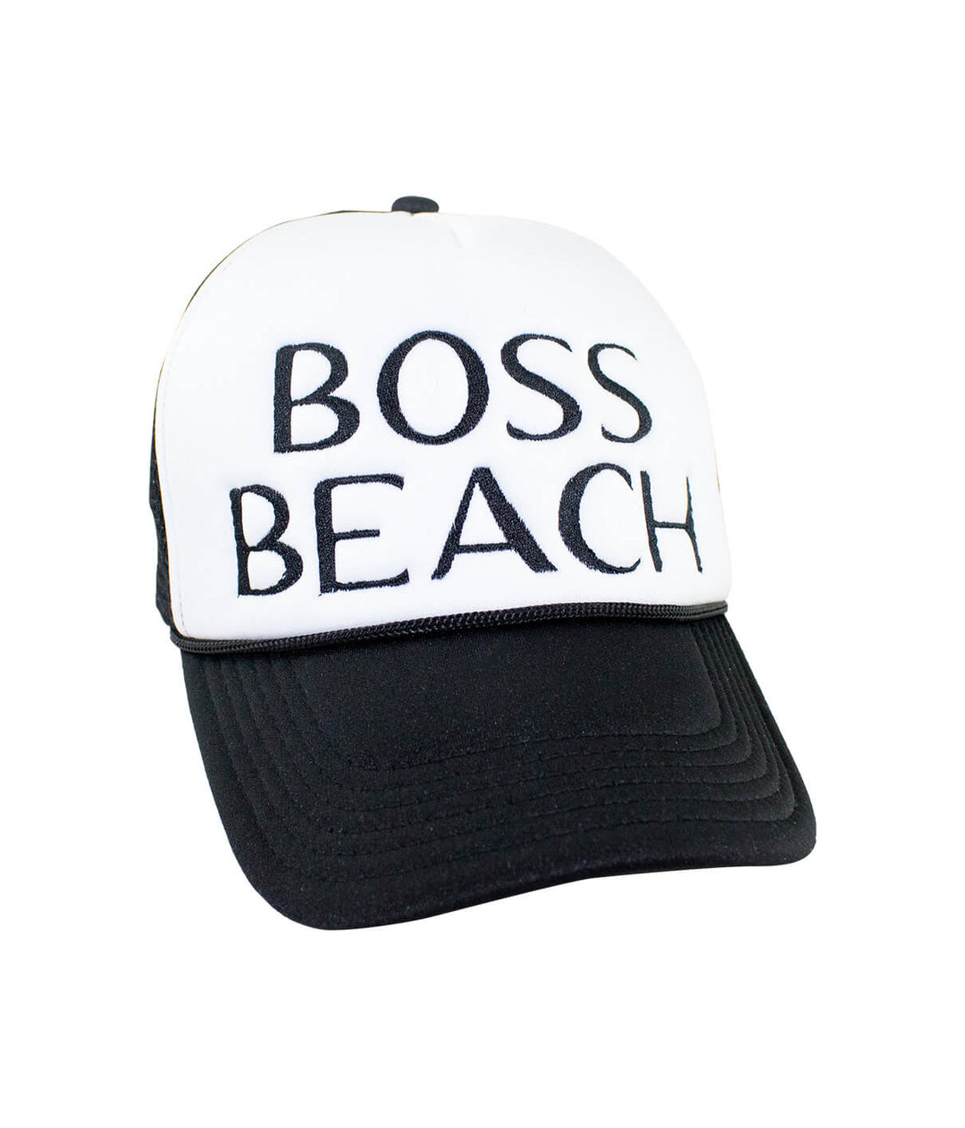 Boss Beach Foam Trucker Hat featuring embroidered text, ideal for casual wear. Perfect hat for beach lovers.