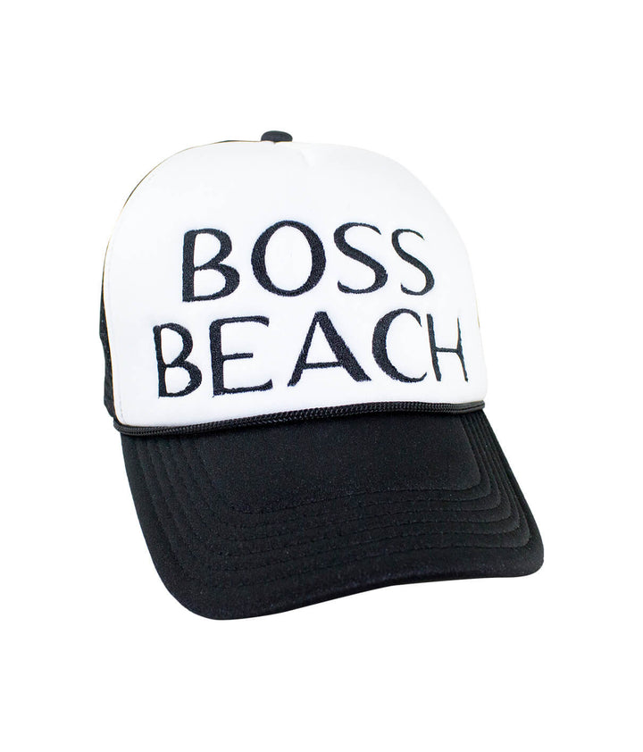 Boss Beach Foam Trucker Hat featuring embroidered text, ideal for casual wear. Perfect hat for beach lovers.