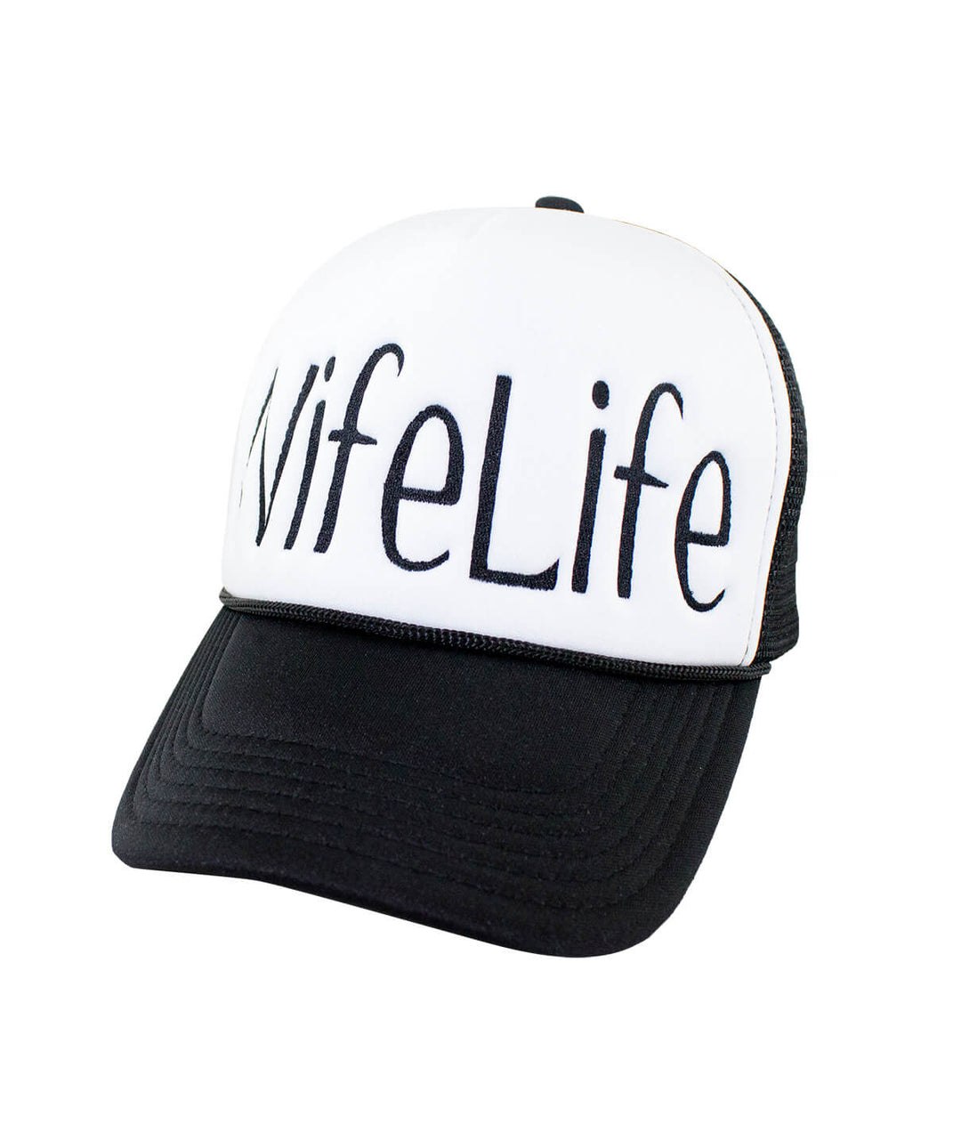 Wife Life Foam Trucker Hat featuring embroidered text and black mesh design, perfect for stylish headwear. Hat.