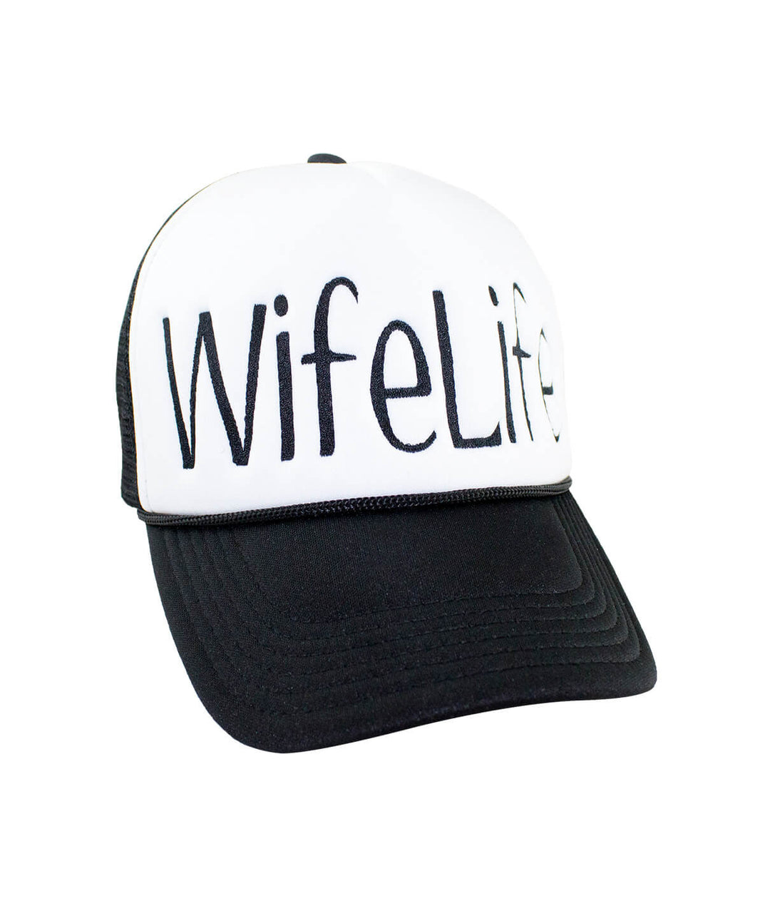Wife Life Foam Trucker Hat featuring embroidered lettering on the front, perfect hat for casual wear.