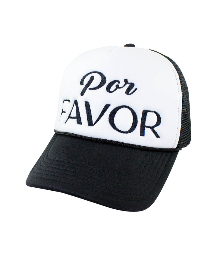 Por Favor Foam Trucker Hat with embroidered lettering, stylish baseball cap for casual wear.