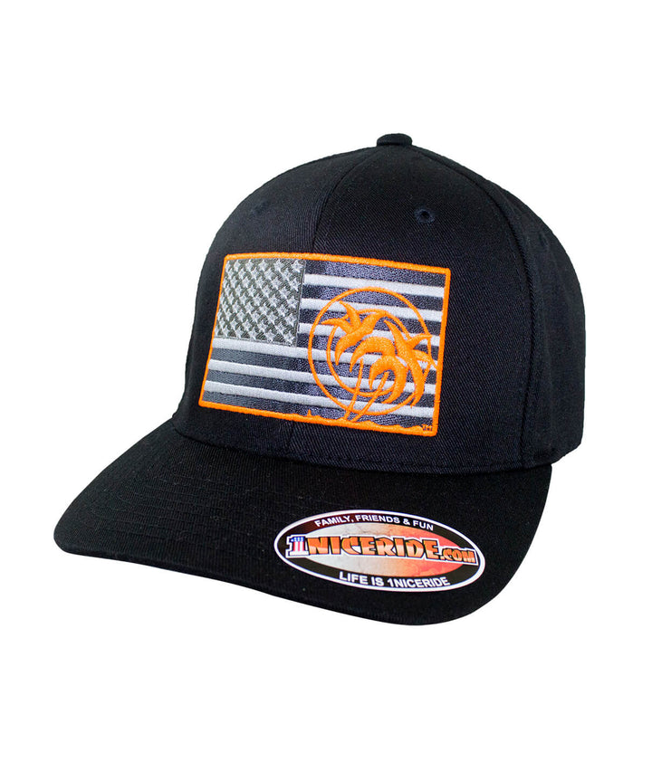 Strong - Neon Classic Flexfit Hat featuring American flag design and NICERIDE logo in neon accents.