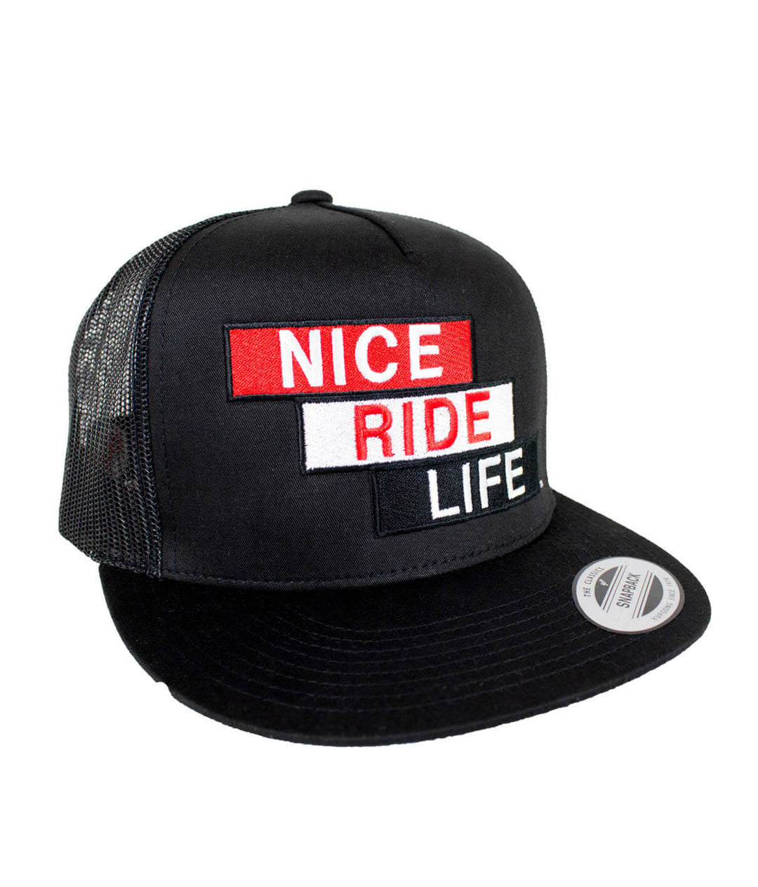 Stepping Up trucker hat with embroidered NICE RIDE LIFE design, adjustable snapback style, black and red colors.