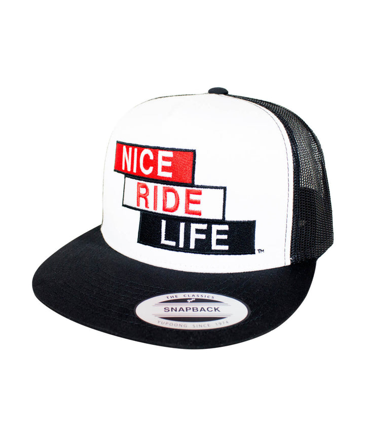 Stepping Up Trucker Hat featuring NICERIDE logo and snapback design, ideal hat for casual outings.