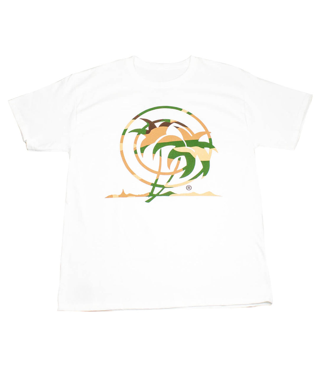 Open Season t-shirt Hanes with NICERIDE camo palm logo on white fabric.
