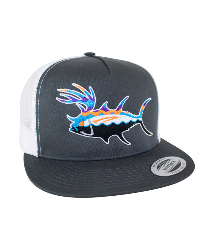 Buck-Eye Explorer unisex snapback trucker hat with embroidered fish design.
