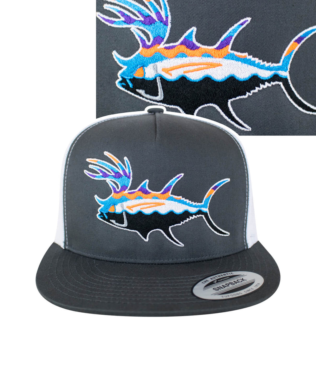 Buck-Eye Explorer unisex snapback trucker hat featuring colorful fish embroidery, perfect fishing hat for adults and teens.