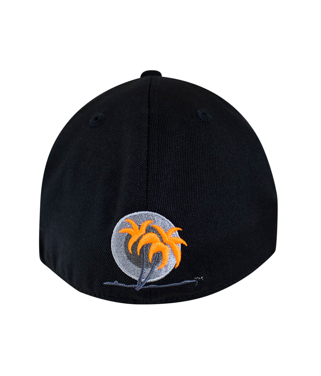 Back view of Tornado 210 Fitted Hat with black palm logo and vibrant orange palm trees embroidered.