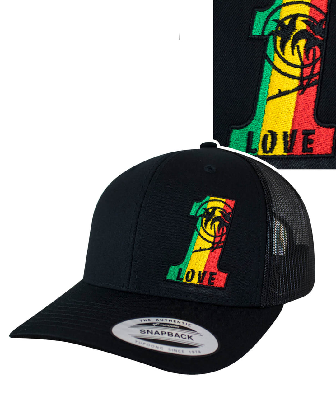 1 LOVE Retro Trucker Hat with embroidered logo, black cap design, colorful logo highlighting the phrase '1 LOVE'.