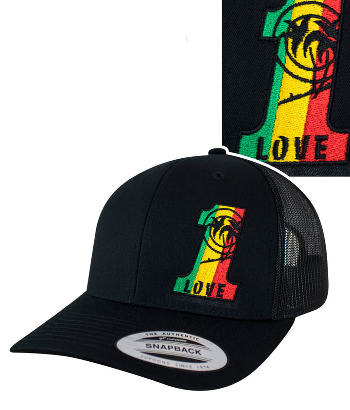 1 LOVE Retro Trucker Hat with embroidered logo, black cap design, colorful logo highlighting the phrase &