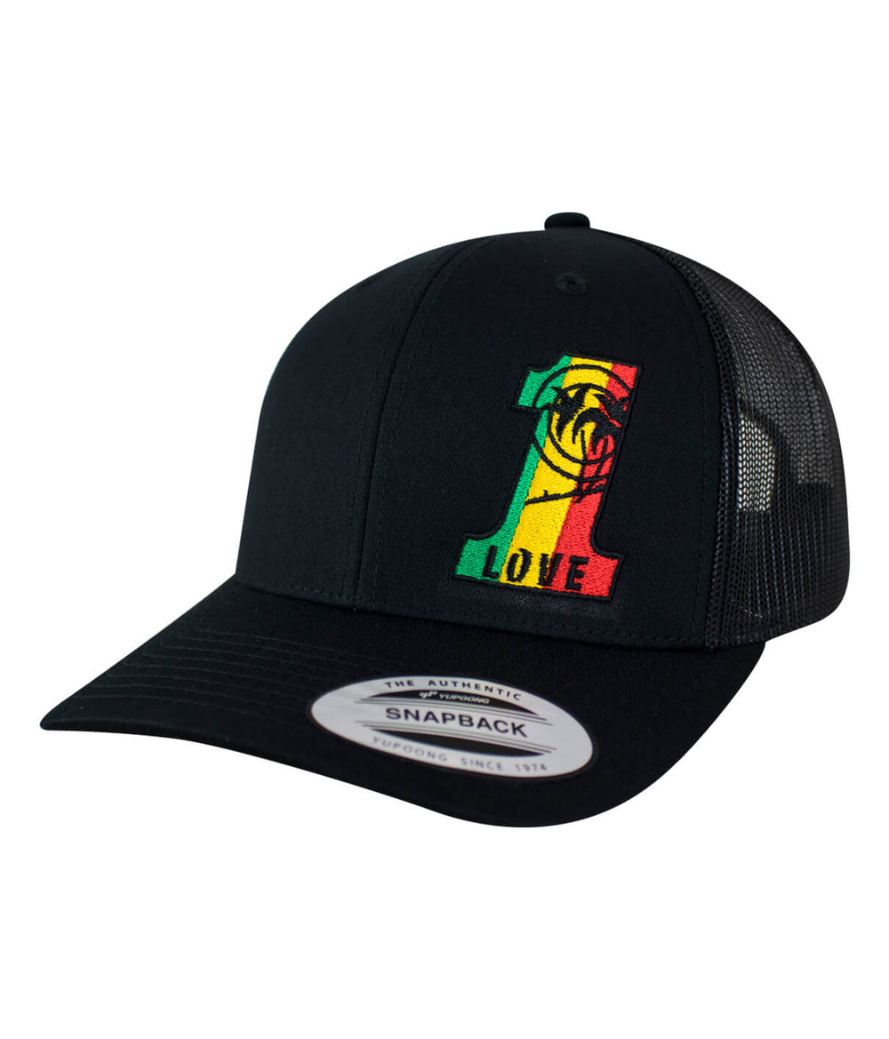 1 LOVE Retro Trucker Hat featuring a vibrant embroidered logo on a classic black mesh cap.