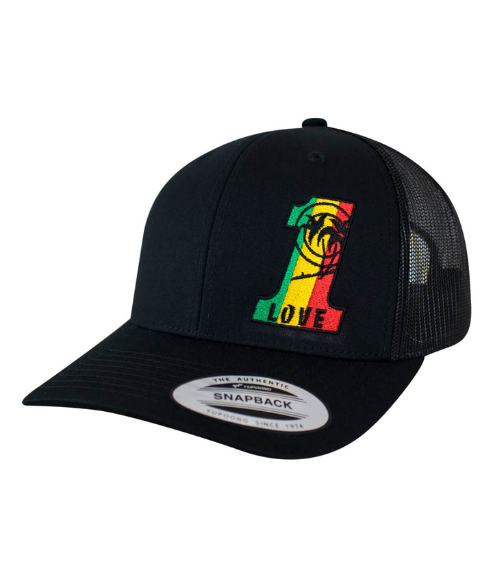 1 LOVE Retro Trucker Hat featuring a vibrant embroidered logo on a classic black mesh cap.