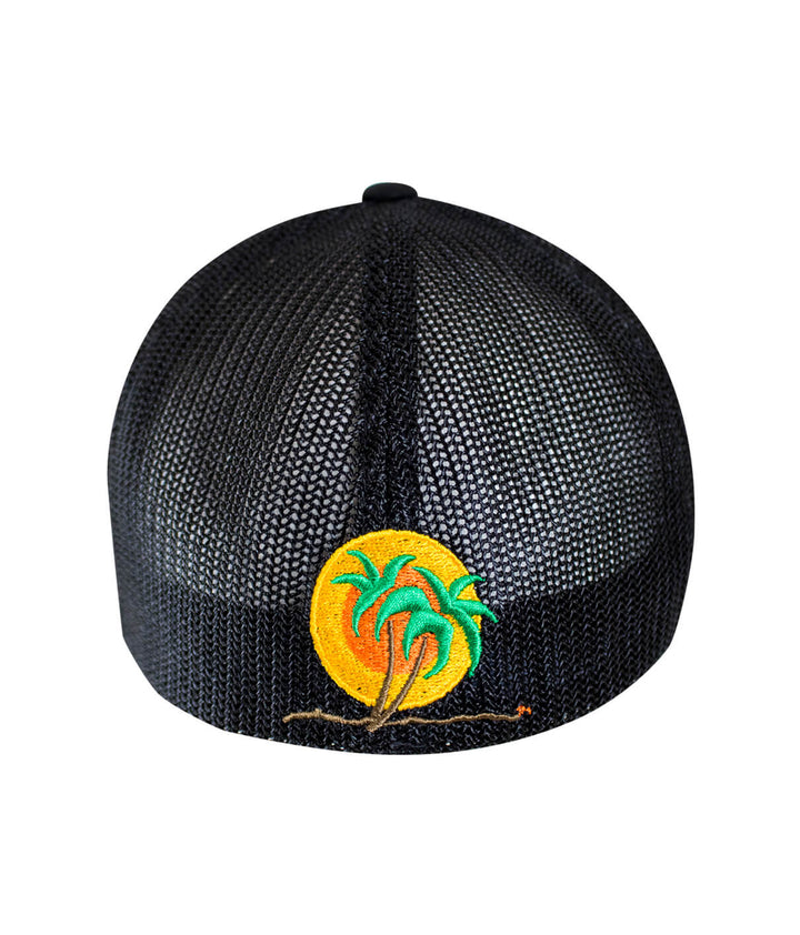 Classic NICERIDE Meshback Flexfit Hat with palm logo and sun design on a black cap.