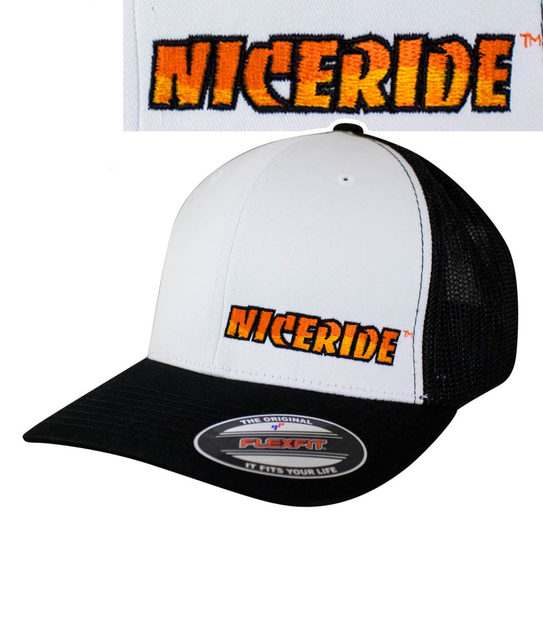Classic NICERIDE Meshback Flexfit Hat with embroidered logo, stylish baseball cap for outdoor activities.