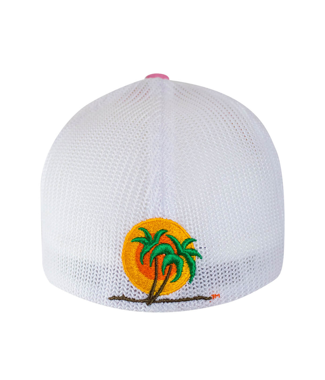 Classic NICERIDE Meshback Flexfit Hat showcasing palm logo and sunset embroidery on a white meshback design.