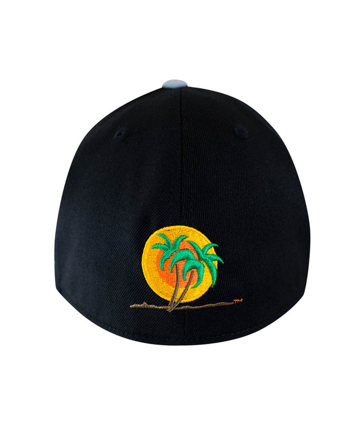 Classic NICERIDE 210F fitted hat back view with palm logo embroidered on black fabric.