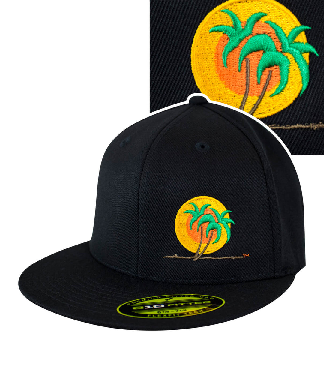 Classic Palm 210F fitted hat featuring vibrant palm trees and sun logo, Flexfit design, ideal baseball cap.