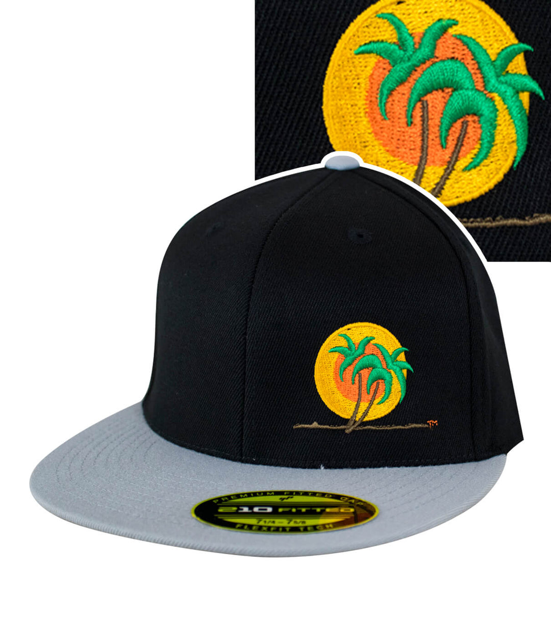 Classic Palm 210F fitted hat featuring embroidered palm trees and sun design, perfect baseball cap for casual wear.