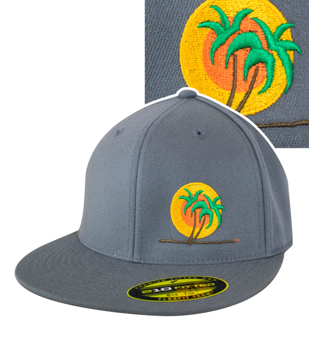 Classic Palm 210F fitted hat with palm tree logo and yellow sun design, perfect summer hat.
