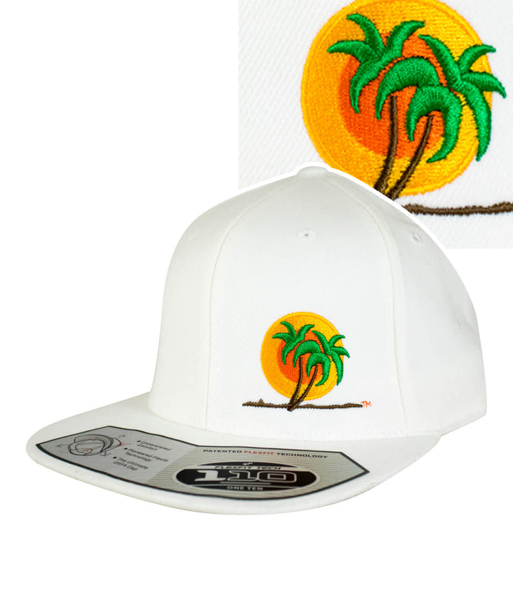 Classic Palm 110F Snapback hat featuring palm trees and a sun embroidered design on a white background.