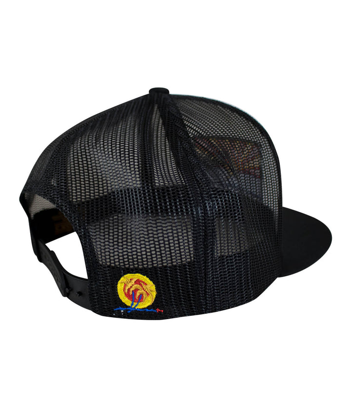 Back view of Arizona flag trucker hat featuring palm logo embroidered in Arizona colors.