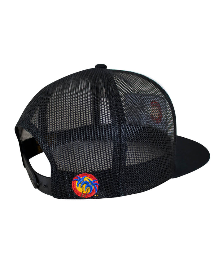 Back view of Colorado Flag Trucker Hat with black mesh and embroidered palm logo in Colorado flag colors.