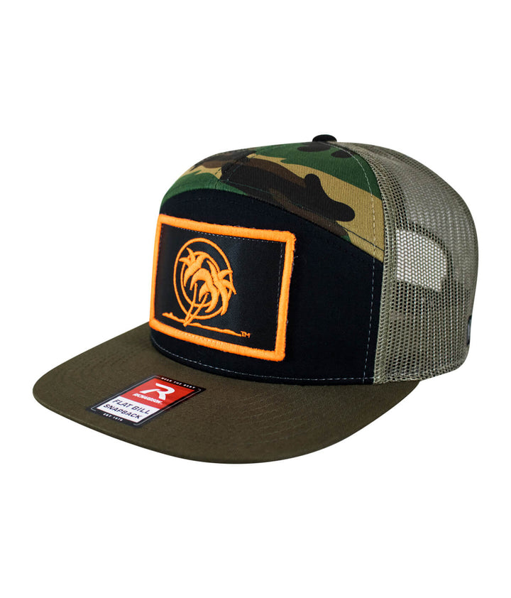 "Palm Patch" 7 Panel Trucker Snapback Cap for men and women in camouflage and neon orange design.