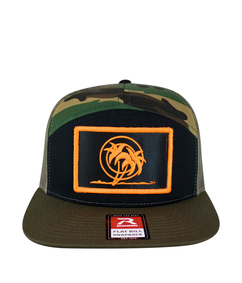 Palm Patch 7 Panel Trucker Snapback Cap for Men and Women with neon orange design, flat bill, and camouflage pattern.