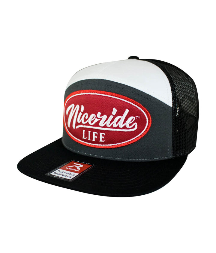 HorserPower Patch 7 Panel Trucker Snapback Hat For Men And Women with NICERIDE emblem and mesh back.