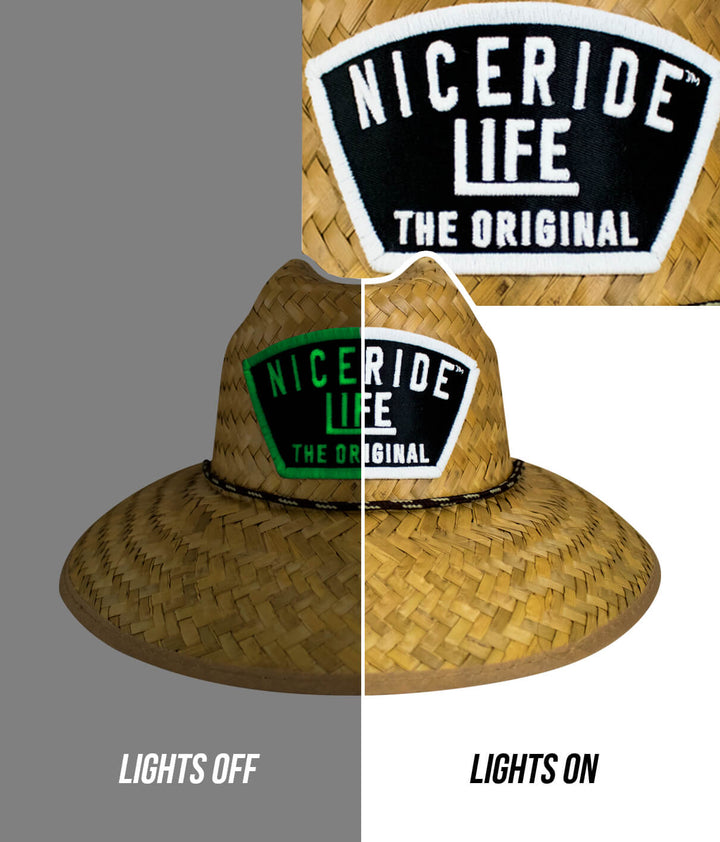 Grinder Evening Glow Straw Sun Hat showing lights off and lights on, perfect for sun protection at the beach, unisex junior hat.