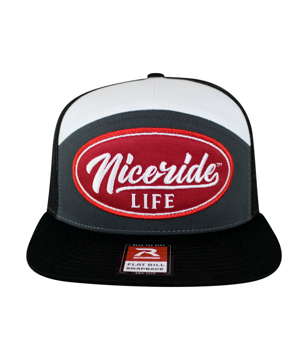 HorserPower Patch 7 Panel Trucker Snapback Hat For Men And Women with NiceRide Life embroidered design on front.