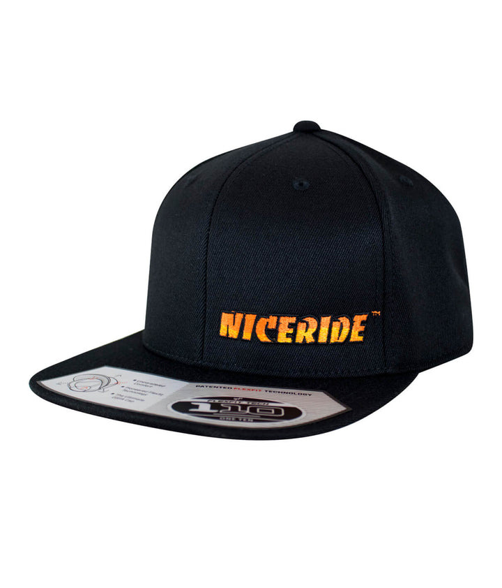 Classic NICERIDE 110F Snapback hat with embroidered logo on front, black color.