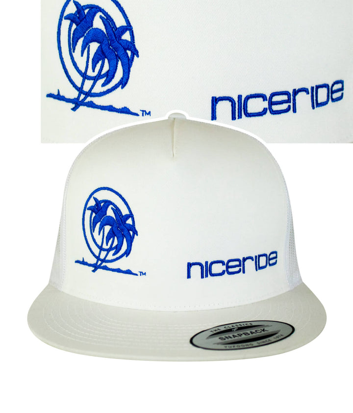 White Palm Tower Trucker Hat with NICERIDE logo and palm tree embroidery on front panels.