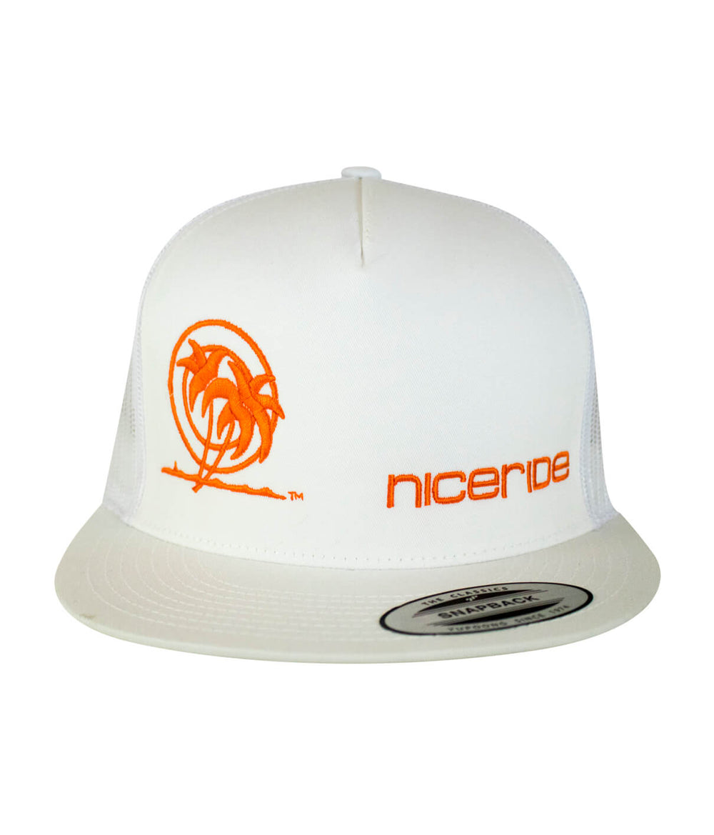 Palm Tower Trucker Hat featuring NICERIDE logo, a classic snapback style hat.