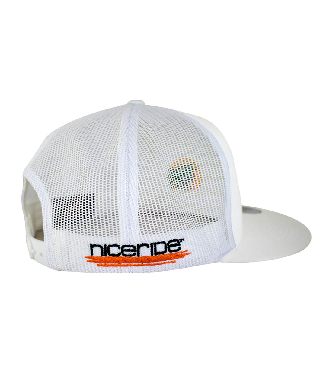 Back view of The Cledus - Palm trucker hat with NICERIDE logo embroidered on the mesh design, ideal summer hat.