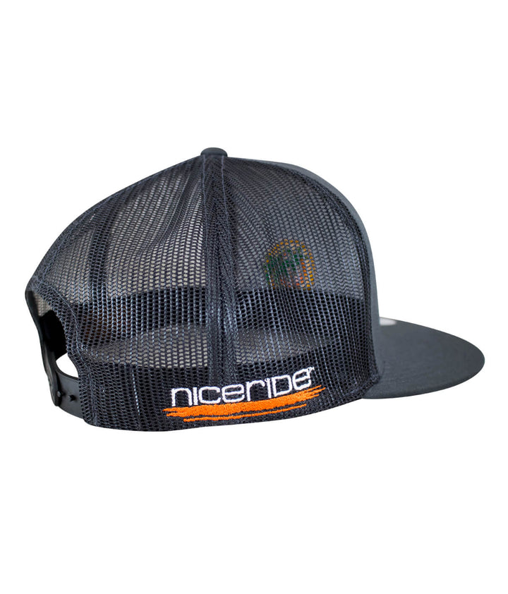 Back view of The Cledus - Palm trucker hat featuring NICERIDE logo and mesh design, perfect for stylish headwear.
