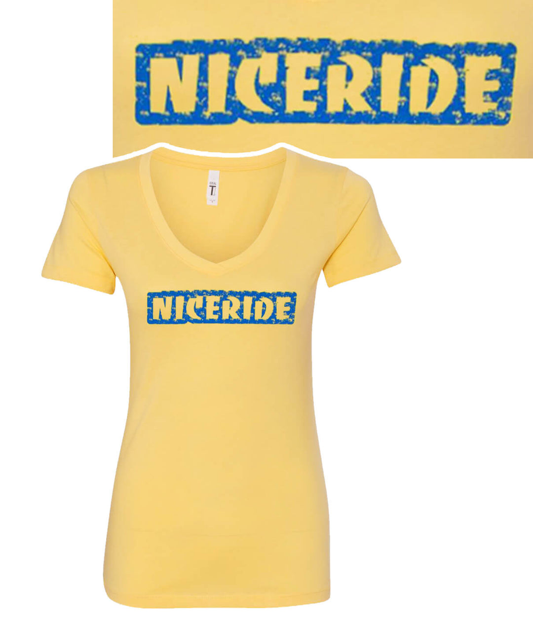 Next Level Women's V-Neck Shirt in yellow with NICERIDE logo printed on front, perfect for casual wear.