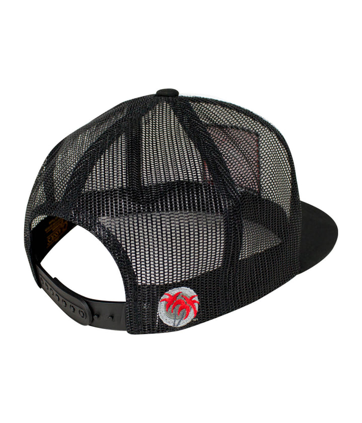 Back view of "The Palm" trucker hat showing mesh panel and palm logo, ideal for stylish outdoor wear. Perfect hat.