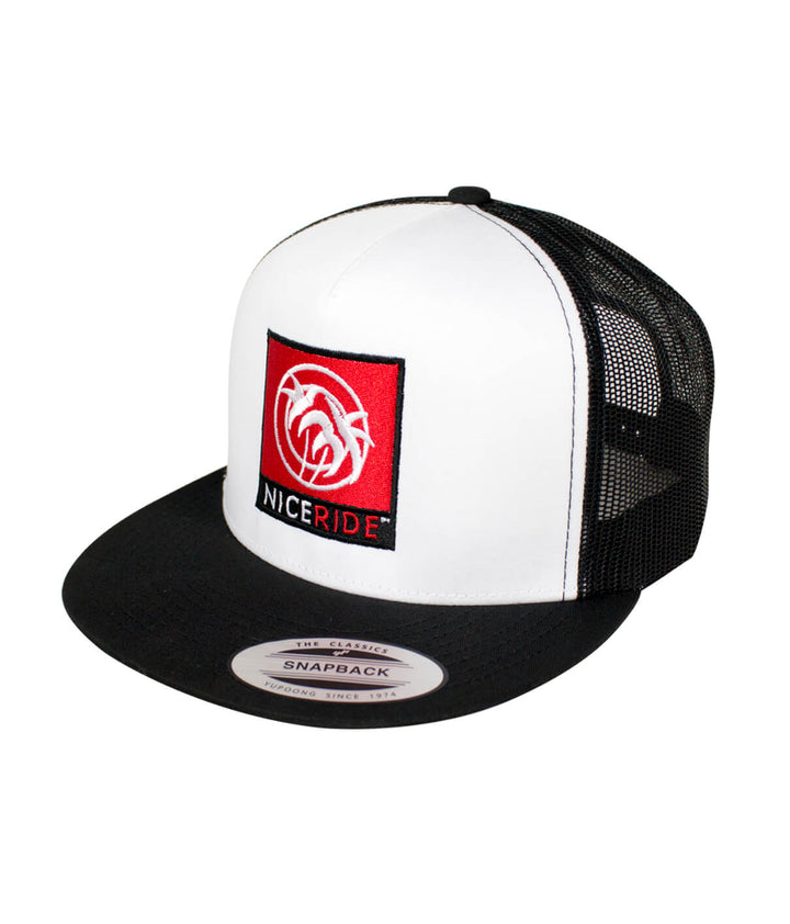 The Palm trucker hat featuring NICERIDE logo, black mesh back, and red embroidered design, perfect for casual wear.